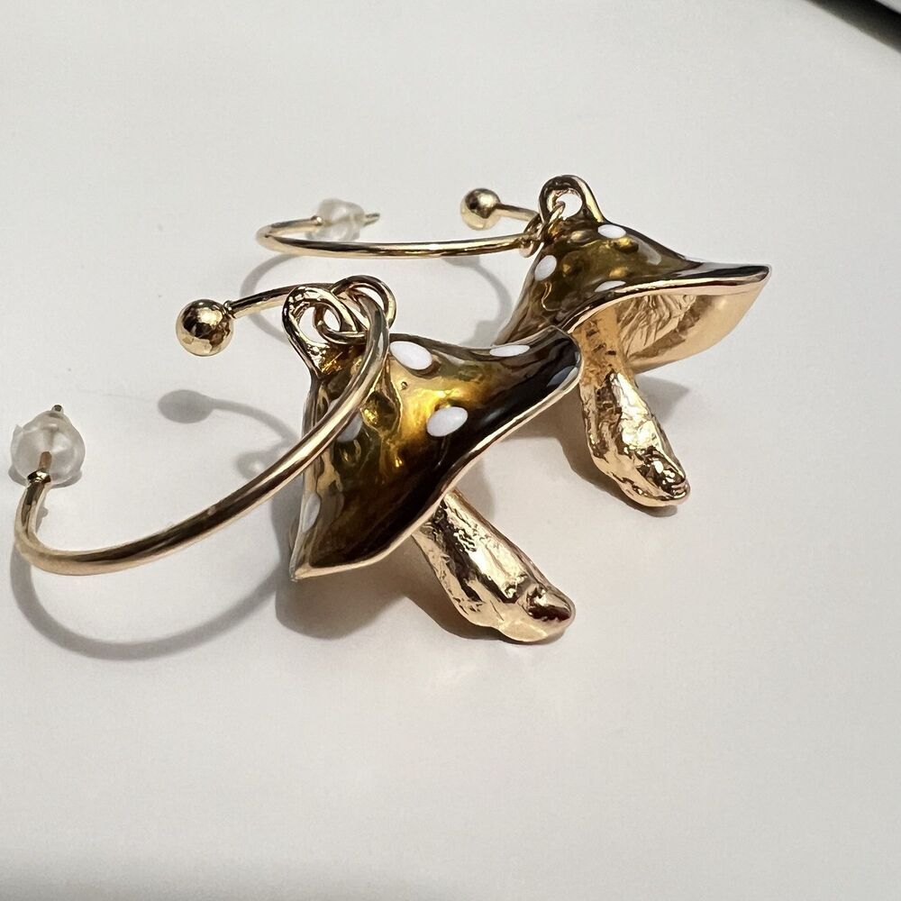 Bronze Gold Metal‎ Mushroom Dangle Hoop Earrings Unique Nature